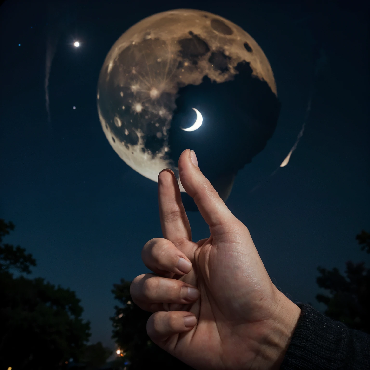 Under the moon,A person's hand index finger and middle finger together,Pointing to the moon background is blue black sky earth,Stars twinkle in the sky