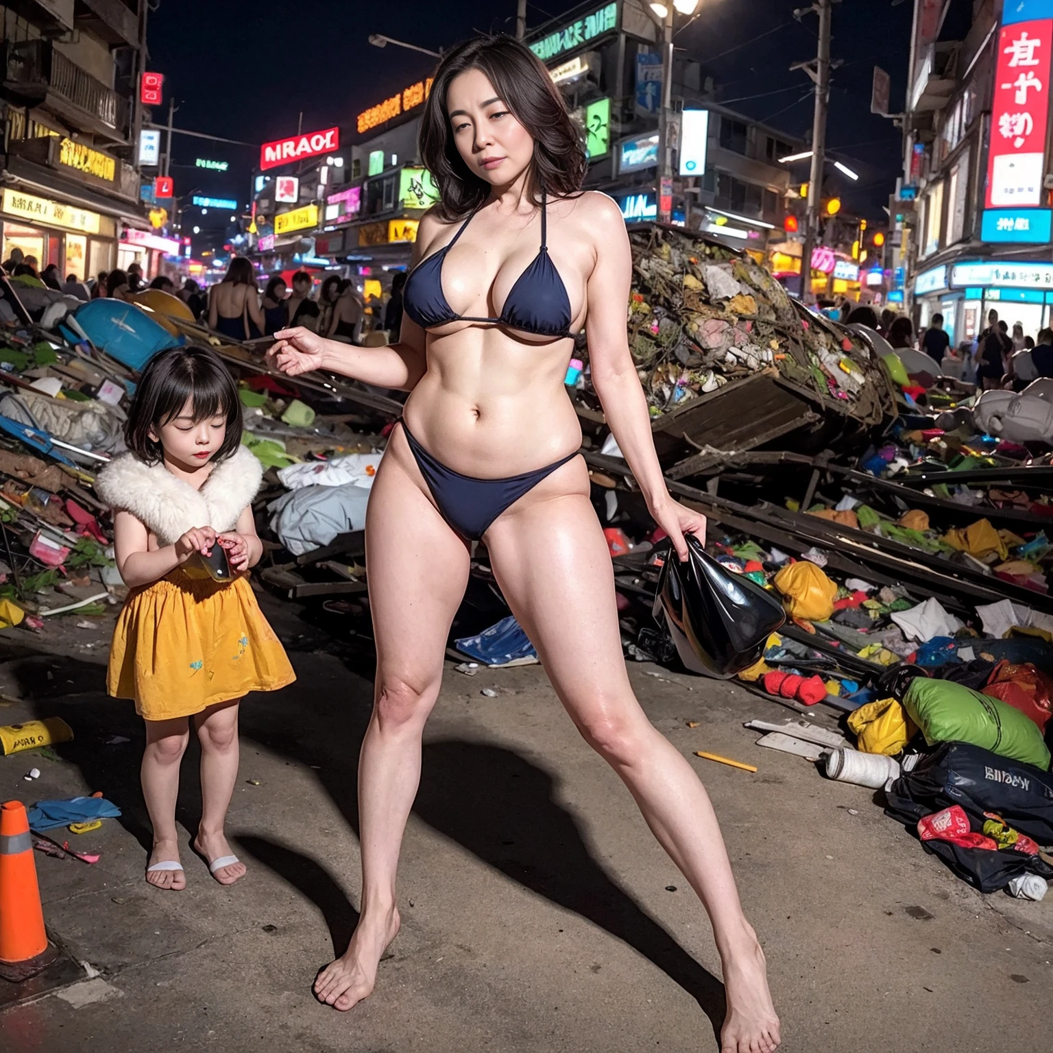 （in 8K、top-quality、high-level image quality、hight resolution、​masterpiece）、Busty mature woman in mini bikini、Crowd sleeps at night neon street garbage dump