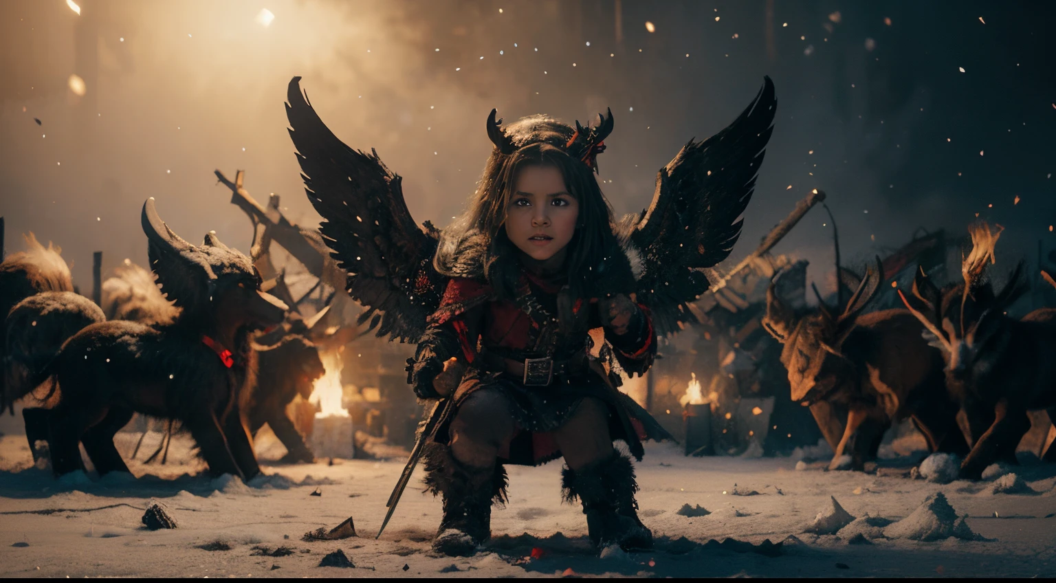Fallen angel threatening kids, winter fairytale atmosphere, yule, epic concept art illustration, viking