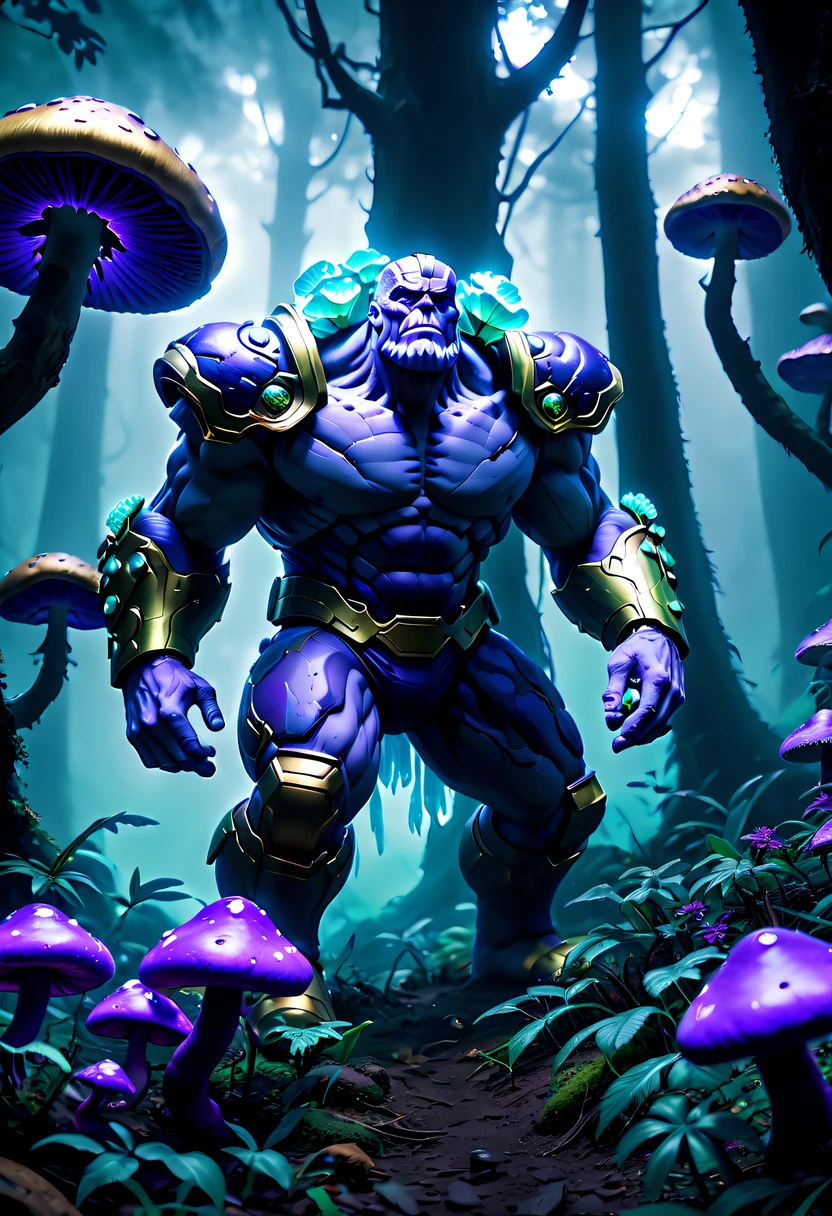 (Best quality,4K,ultra - detailed,actual:1.37),Thanos eating mushrooms in the forest,,(Thanos:1.3),strange scenery,exotic plants,dense fog,Majestic trees,(bioluminescent mushrooms:1.3),Ominous purple and green color palette,Magical atmosphere,tmasterpiece:1.2,bioluminescent mushrooms