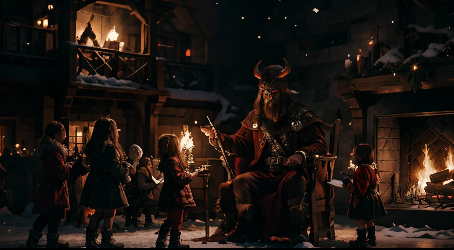 Demon threatening kids, winter fairytale atmosphere, yule, epic concept art illustration, viking