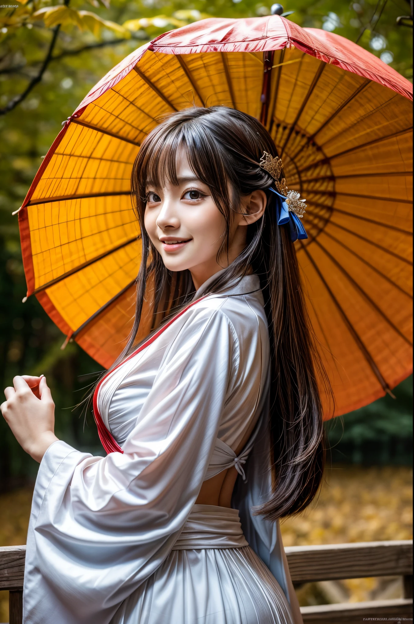 (masutepiece:1.3, Photorealsitic:1.4, 8K), top-quality, masterpiece, 超A high resolution, Professional camera work, Grow Light Effect, Realistic portrait, Cinematic Light, Perfect dynamic composition, Highly detailed skin and facial texture:1.3, The ultra-detailliert, A detailed eye, Detailed limbs, autumn dawn, Precincts of the shrine:1.2, Autumn foliage scenery:1.2, 1girl in, Cute sexy 22 year old slim woman, Fair skin, ((Natural smile:0.9, Totally captivates you:1.0)), (Backshots, Calm pose), ((accurate shrine maiden costume)), ((voluptuous breasts:0.9)), (Beautiful blue eyes, Eyes that feel beautiful eros:0.85), Sexy face:0.4, (A mouthfeel that feels beautiful eros:0.85), ((Too cute beauty:0.9))