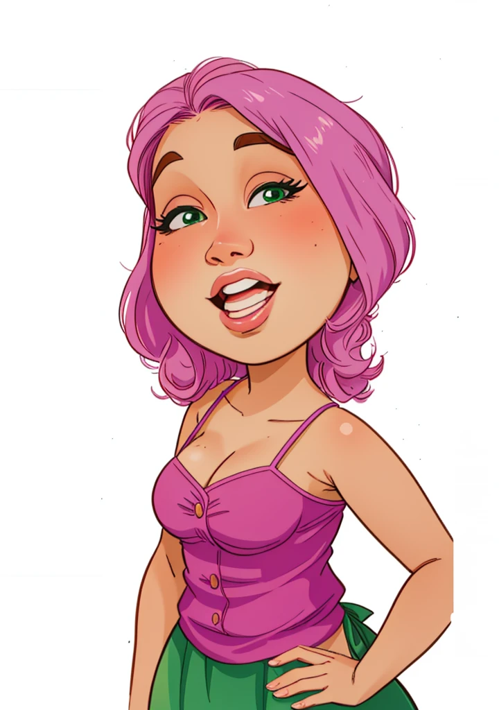 desenho de uma mulher com cabelo rosa e saia verde, in cartoon style, retrato dos desenhos animados, avatar da parte superior do corpo, retrato de personagem de mim, Parece Fabiula Nascimento, by Maria Helena Vieira da Silva, 4 5 I, full-colour illustration, inspirado em Maria Helena Vieira da Silva, Directed by: Emerson Silva, charicatura, Colorido digitalmente, avatar para o site