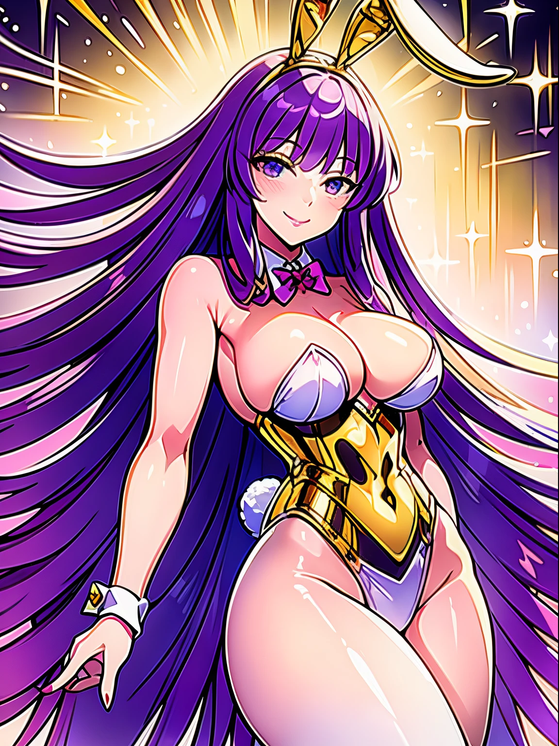 Saori Kido, Athena, long purple hair, bunnysuit, bunny ears, white bunny suit, golden details, smiling, masterpiece