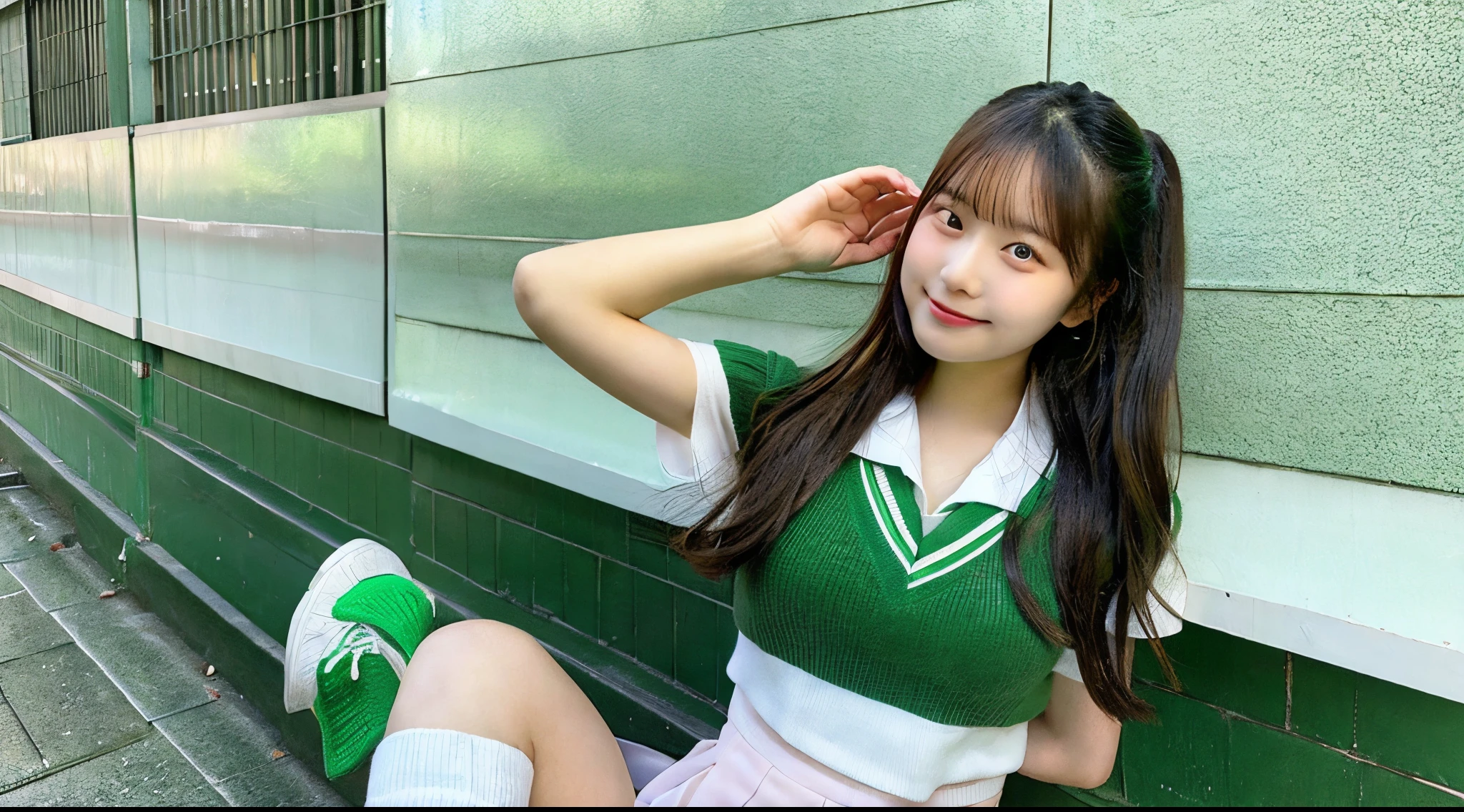 Cute high school girl 18 years old wearing a green miniskirt