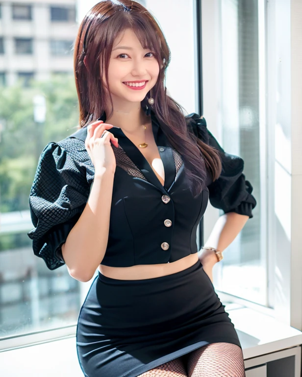 a secretary、A sexy、、White blouse、Cleavage of、C-cup bust、A slender、a 、A little bit of the blue  is visible、fishnet tights、Height 161 cm、s Office