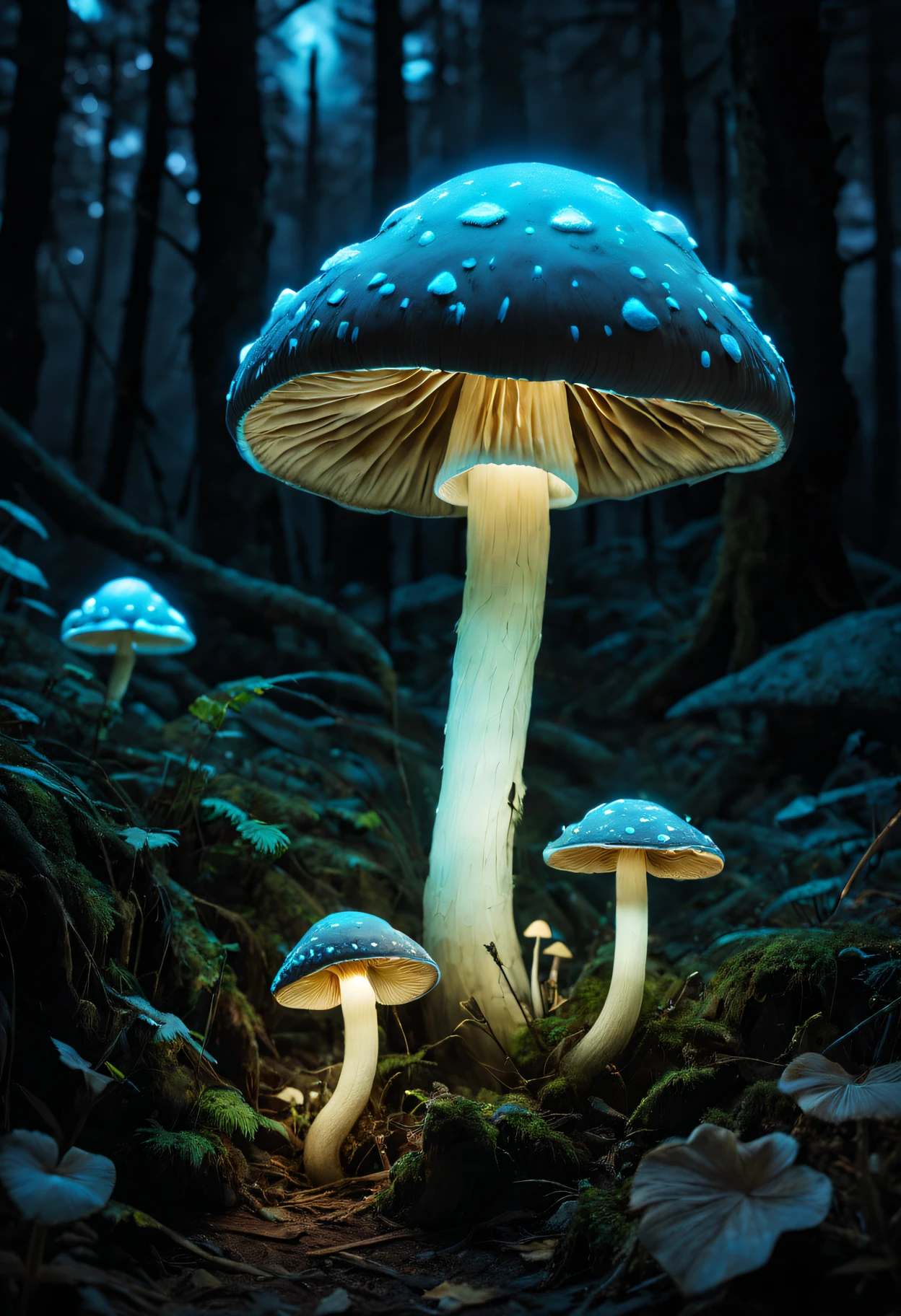 Bioluminescent mushroom dragon sleeps on the mountain