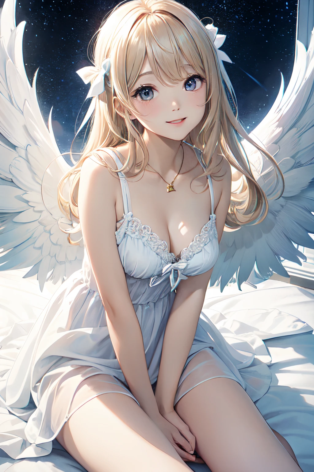 lighting like a movie、top-quality、Holy Angel、In the sky、Angel Dress、Angel wings、white  panties、ssmile、