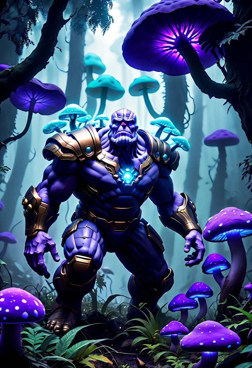 (Best quality at best,4K,ultra - detailed,actual:1.37),Thanos picking mushrooms in the forest,,(Thanos:1.3),strange scenery,exotic plants,dense fog,Majestic trees,(bioluminescent mushrooms:1.3),Ominous purple and green color palette,magical ambiance,tmasterpiece:1.2,bioluminescent mushrooms