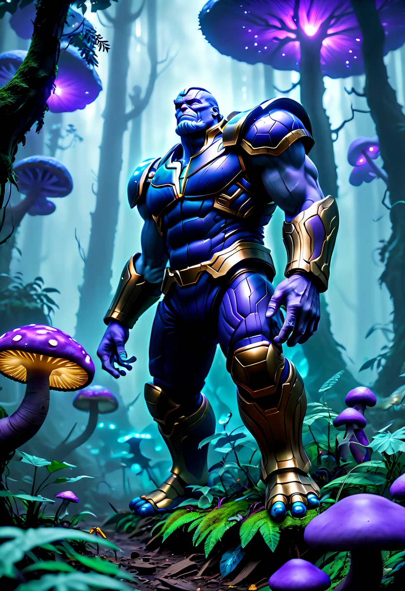 (Best quality at best,4K,ultra - detailed,actual:1.37),Thanos picking mushrooms in the forest,,(Thanos:1.3),strange scenery,exotic plants,dense fog,Majestic trees,(bioluminescent mushrooms:1.3),Ominous purple and green color palette,magical ambiance,tmasterpiece:1.2,bioluminescent mushrooms