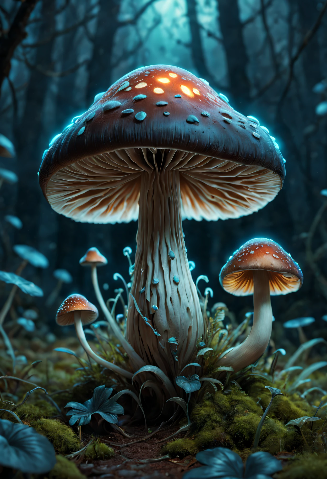 (Extremely detailed CG octane rendered 8K wallpaper), most beautiful artwork in the world, Full body shot of bioluminescent mushroom looking at camera, (NSFW:0.75), Full dynamic color, iintricate, high detal, Focus sharp, theatrical, photorealistic painting art by greg rutkowski