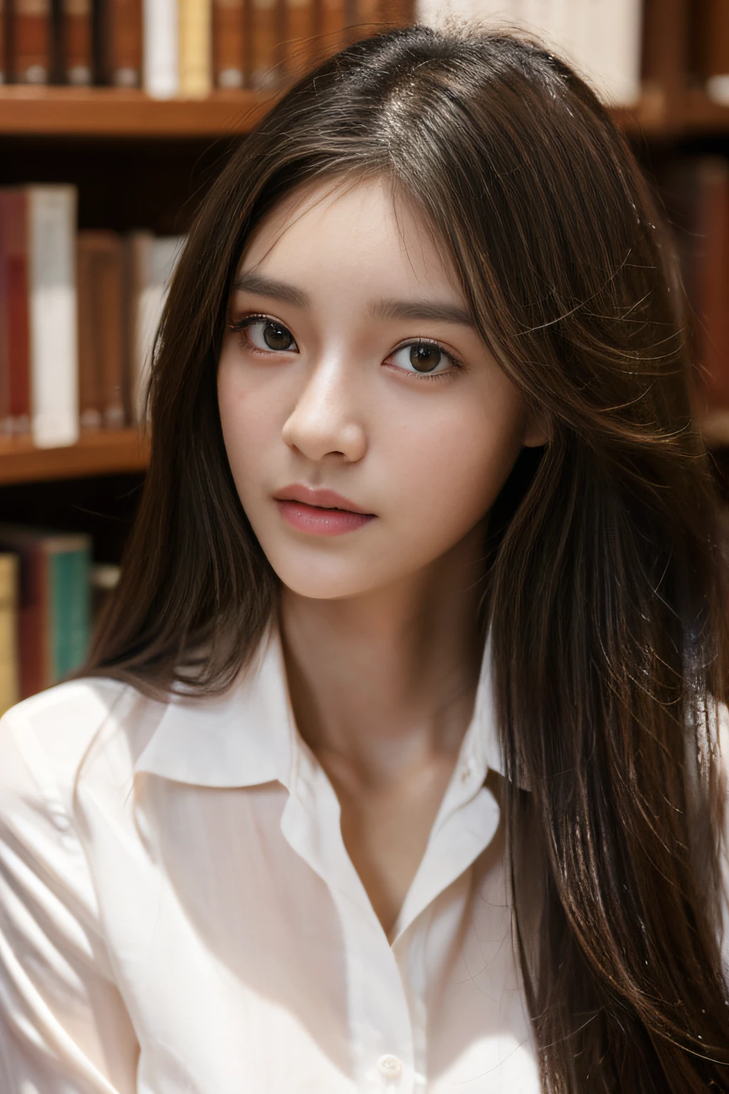 Pailiu Exotic Supermodel Photorealistic with Full Detailed Eyes, White shirt from the Harvard Library, Long wavy hair:1.2, Slender body. Exotic supermodel in her 25s with full eyes, Perfect face, Brown detailed hair, Detailed face and detailed body, Detailed skin, pores, Cinematic, Octane Rendering, Japanese Pop