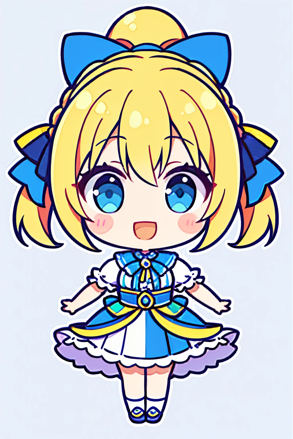 (Perfect picture quality:1.1),(masutepiece:1.1),(High quality:1.1),1 girl,Solo,(Wearing blue gorgeous clothes:1.3),Yellow hair,Double ponytail on both sides,Indigo Double Bow Headdress,Looking at the camera,Smile and make a heartbeat,Randomly tiled loving grey background,