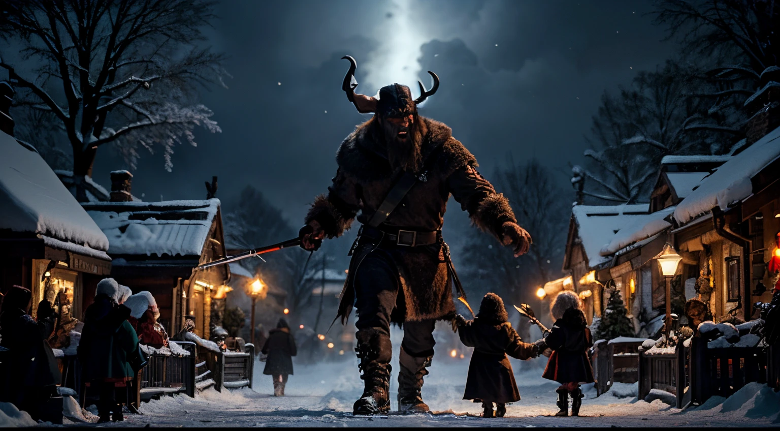 Demon threatening kids, winter fairytale atmosphere, yule, epic concept art illustration, viking