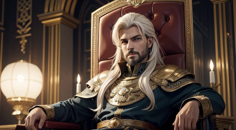(master part) 8K resolution, homem bonito sentado em um trono, imperador, cabelos curtos prateados, olhos vermelhos, brincos finamente trabalhados, olhos esguios, estilo do modelo, estilo fantasia,