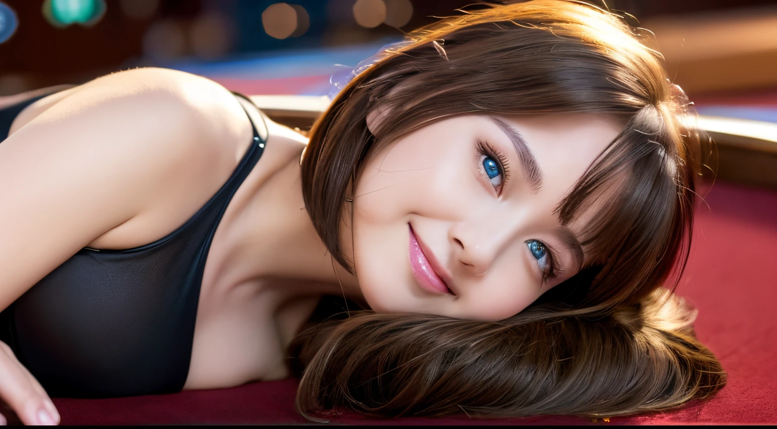 (Delicate beautiful CG artwork),(Best Quality, Ultra-detailed, High resolution),(Dynamic Angle, Dynamic lighting),(1 character),(Bronze hair), Blue eyes, Beautiful face),1人の女性, Smile, She is wearing a black swimsuit with a dollar symbol on it., 3 d,have a chip,playing slots at the casino,Casino Beginner's Tips,Face-to-face angle
