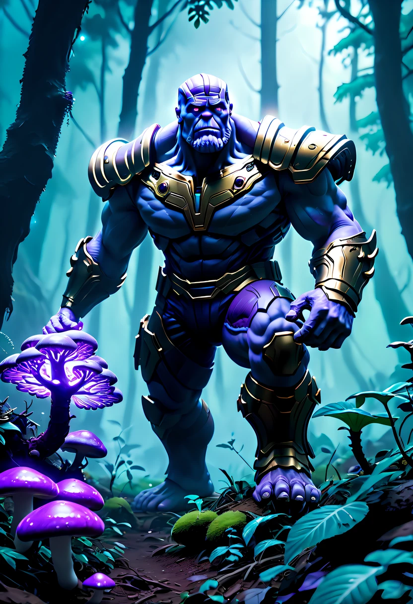 (Best quality,4K,ultra - detailed,actual:1.37),Thanos picking mushrooms in the forest,,(Thanos:1.3),strange scenery,exotic plants,dense fog,Majestic trees,bioluminescent mushrooms,Ominous purple and green color palette,Magical atmosphere,tmasterpiece:1.2,bioluminescent mushrooms