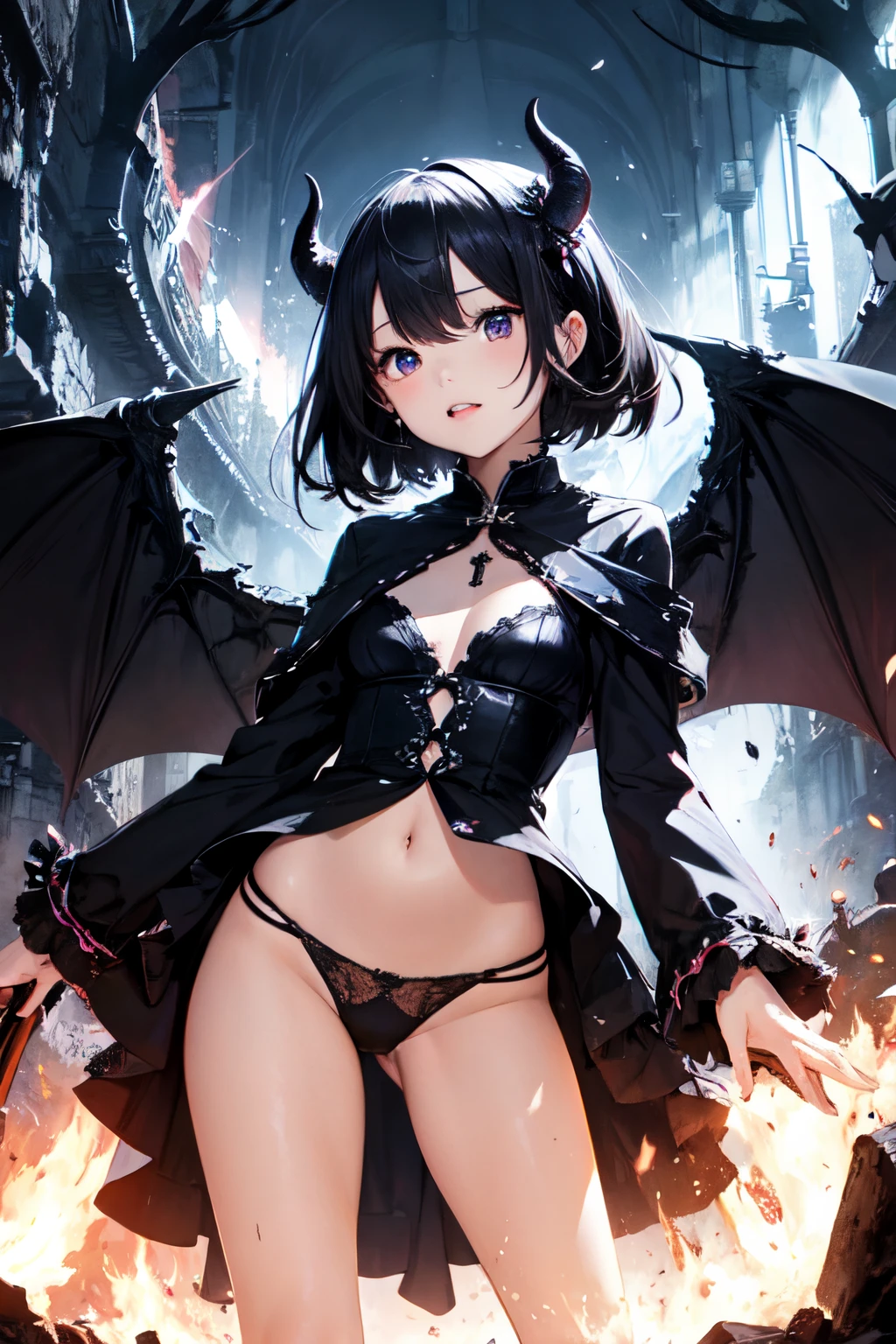 lighting like a movie、top-quality、demon girls、The Underworld、Hell、Devil's Dress、Devil's Wings、Black panties、magic power、
