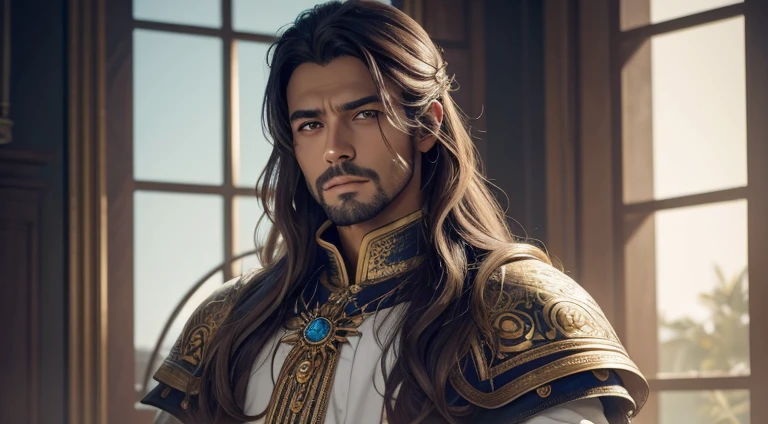 (master part) 8K resolution, homem bonito sentado em um trono, imperador, cabelos curtos prateados, olhos vermelhos, brincos finamente trabalhados, olhos esguios, estilo do modelo, estilo fantasia,