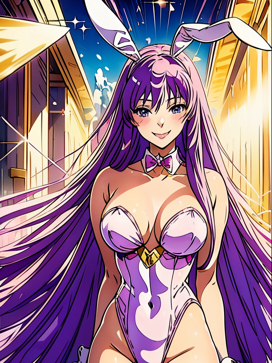 Saori Kido, Athena, long purple hair, bunnysuit, bunny ears, white bunny suit, golden details, smiling, masterpiece