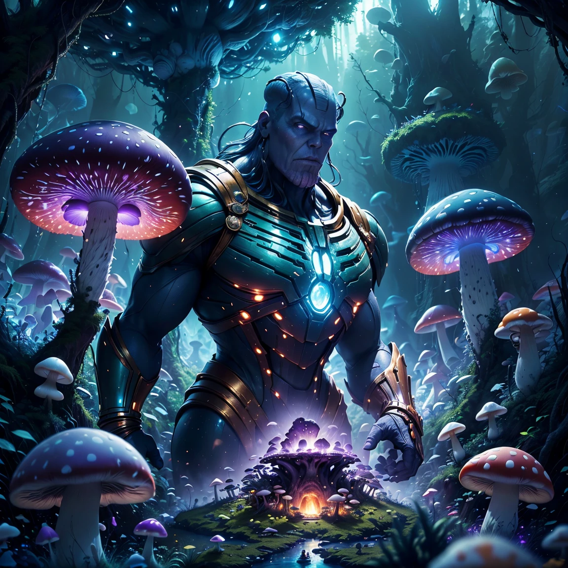 (Best quality,4K,8K,A high resolution,tmasterpiece:1.2),ultra - detailed,(actual,realistically,realisticlying:1.37),(Thanos in the alien forest:1.3),Glowing mushrooms,strange scenery,sky full of stars,Lush vegetation,amazing scenery,Dark and mysterious atmosphere,Ominous existence,Powerful purple aura,dense fog,alien lurking,captivating coloration,Epic battle scenes,otherworldly beauty,动态照明,Impressive visuals,An unforgettable masterpiece,Great attention to detail,amazing views,Overwhelming power,Exudes powerful energy,Focus Clear,hight contrast,Cosmic atmosphere,Danger warning,Filmography,Thanos picking mushrooms in the forest,(Glowing mushrooms:1.2)