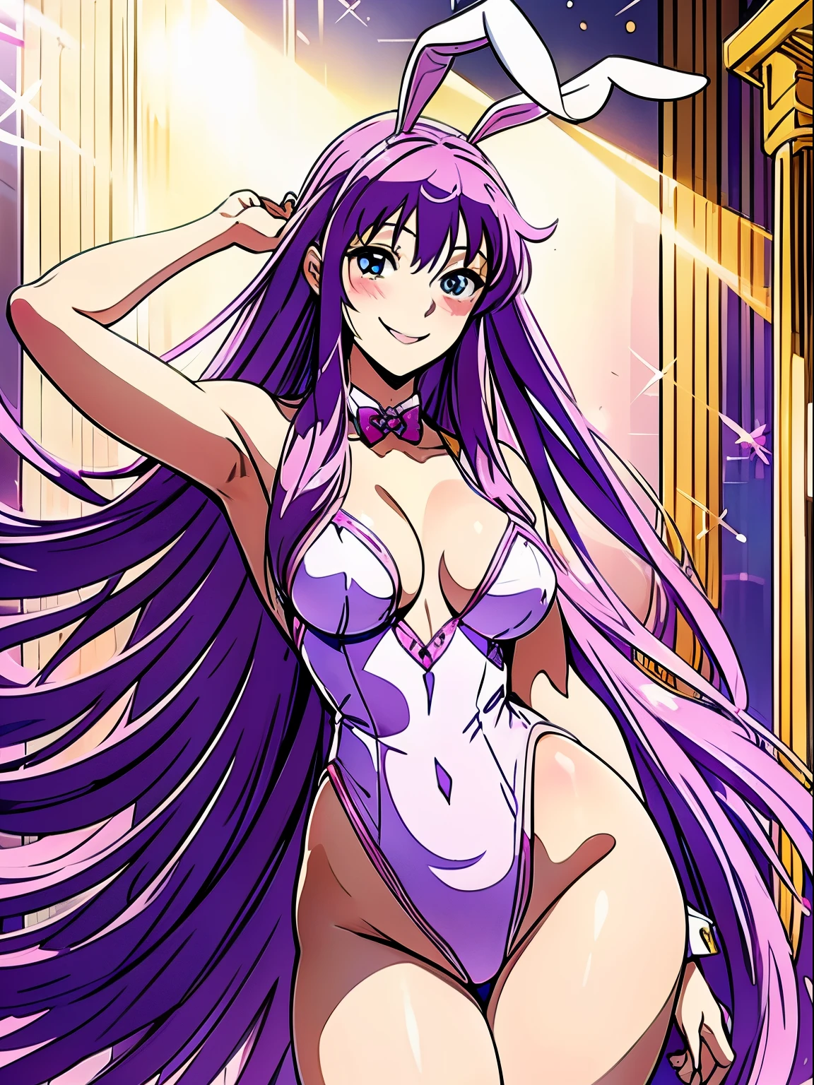 Saori Kido, Athena, long purple hair, bunnysuit, bunny ears, white bunny suit, golden details, smiling, masterpiece