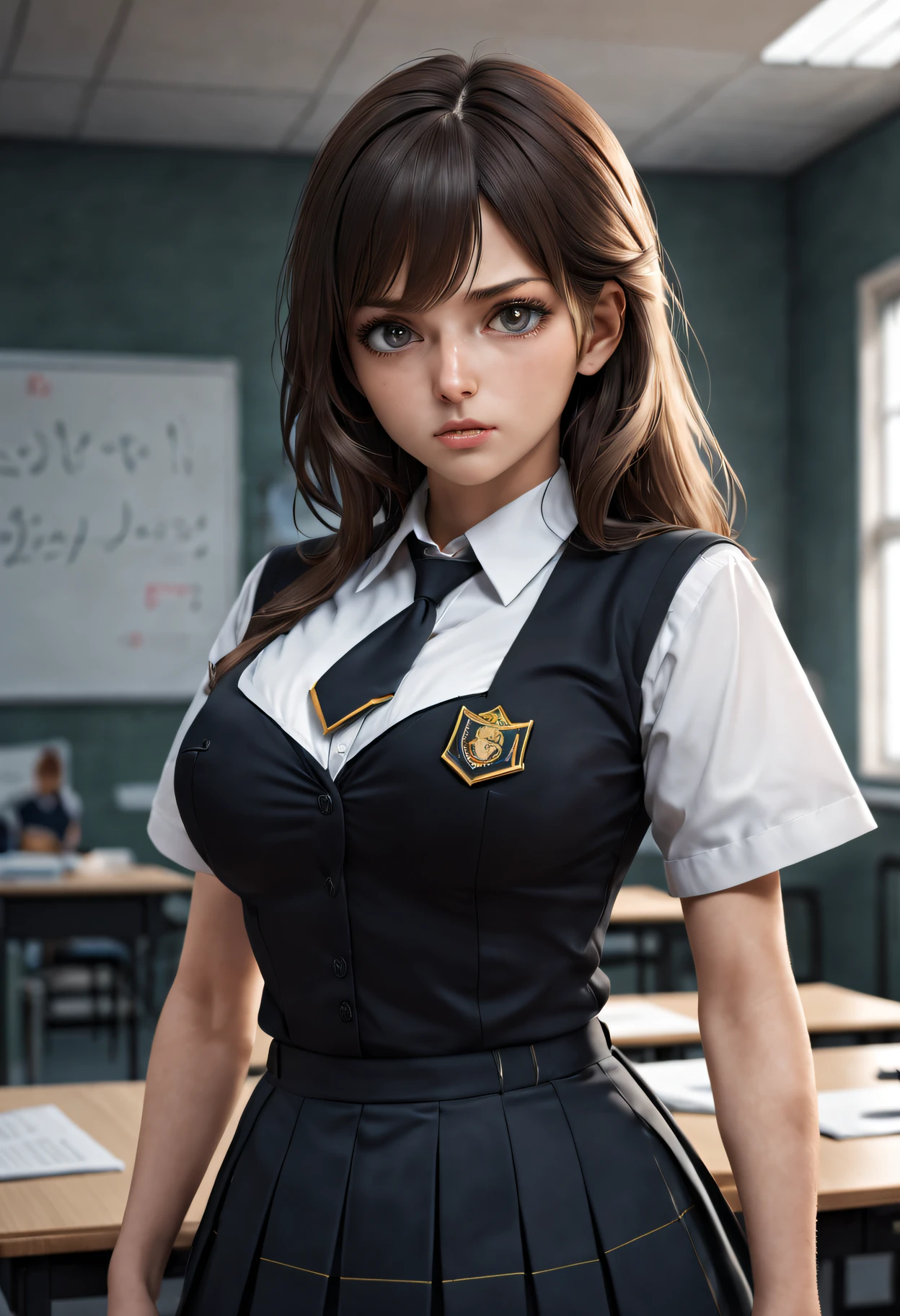 1 busty girl, lens portrait,author:re4ashley, dynamics, black school uniform, white shirt, Classroom, Volumetriclighting, Best quality, tmasterpiece, Complicated details, Tone-mapping, Focus sharp, ultra - detailed, Hot topics on artstation, actual,