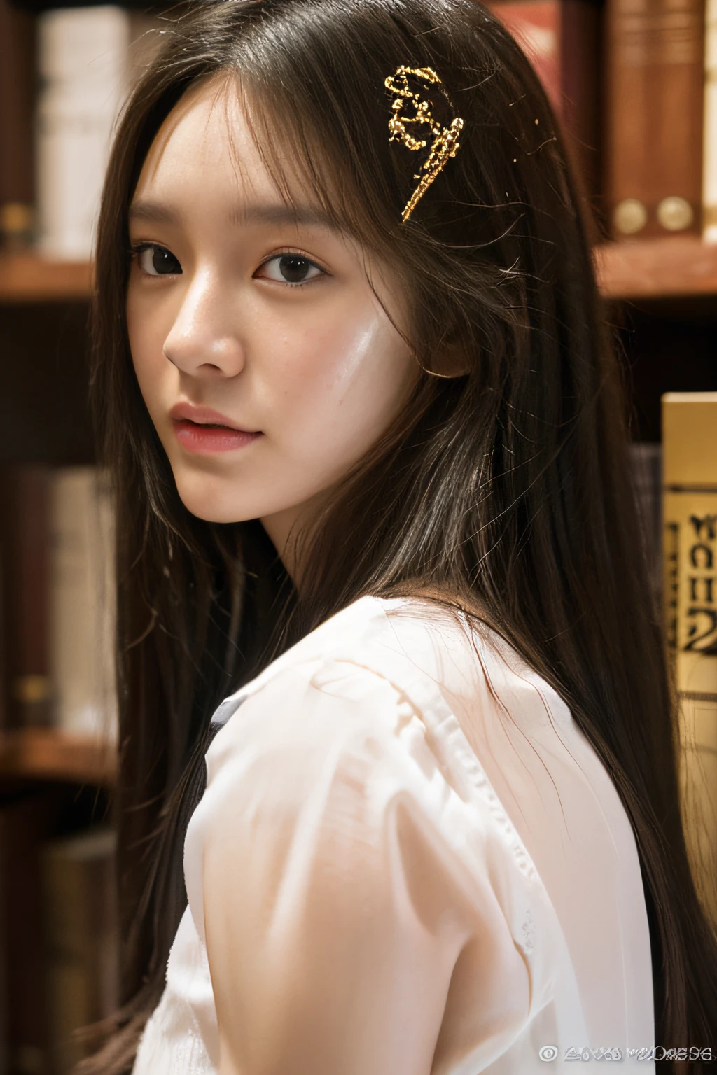 Pailiu Exotic Supermodel Photorealistic with Full Detailed Eyes, White shirt from the Harvard Library, Long wavy hair:1.2, Slender body. Exotic supermodel in her 25s with full eyes, Perfect face, Brown detailed hair, Detailed face and detailed body, Detailed skin, pores, Cinematic, Octane Rendering, Japanese Pop