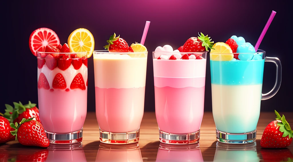 milk drink with strawberry、Pink and white background、A lot of strawberries、pink there、blanche、reddish、glass、Cute atmosphere, Pop atmosphere、Realistic、super delicate water pattern (Ultra-fine glass reflection)