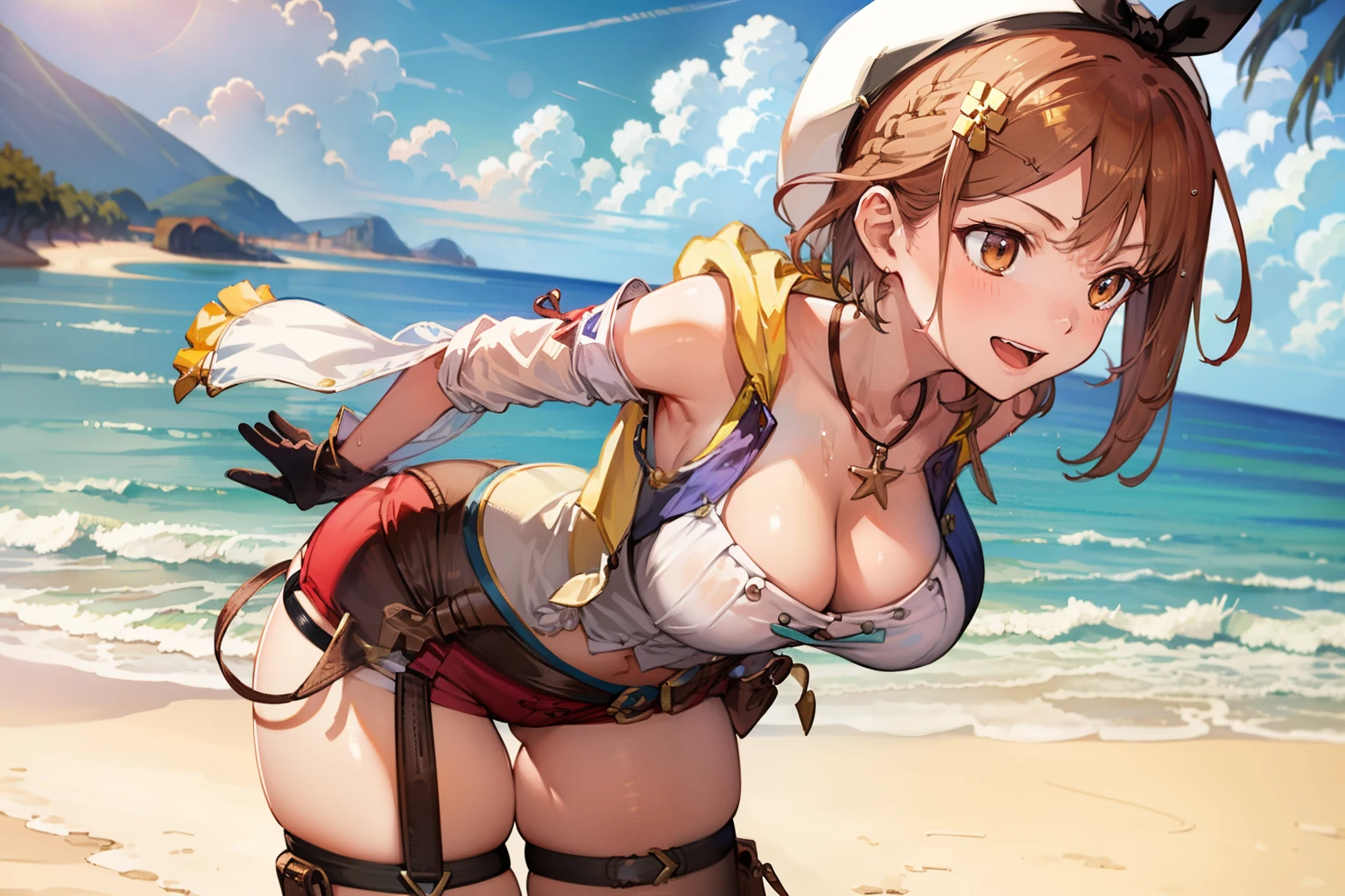 masterpiece, best quality, high resolution, extremely detailed CG, 1stDefault, First Clothing, bare thighs, 1girl, belt, flask, leaning forward, breasts, solo, laughing, wet, beach