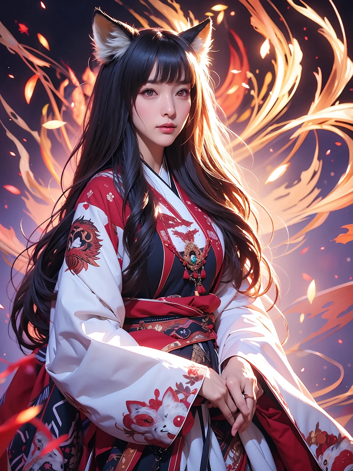 1girl in,Solo,, Official art, Unity 8k壁纸, ultra-detailliert, Beautiful and aesthetic, Beautiful, masutepiece, Best Quality,, Foxwich, Fox Mask, Haori jacket, Foxfire spells, Fox familiar, transformational,