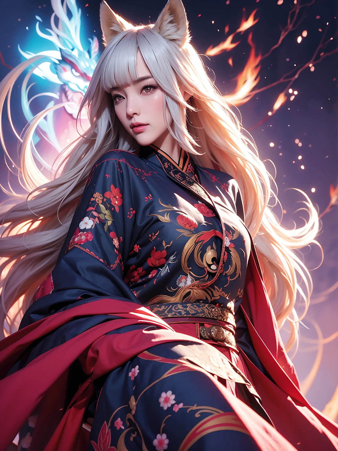 1girl in,Solo,, Official art, Unity 8k壁纸, ultra-detailliert, Beautiful and aesthetic, Beautiful, masutepiece, Best Quality,, Foxwich, Fox Mask, Haori jacket, Foxfire spells, Fox familiar, transformational,