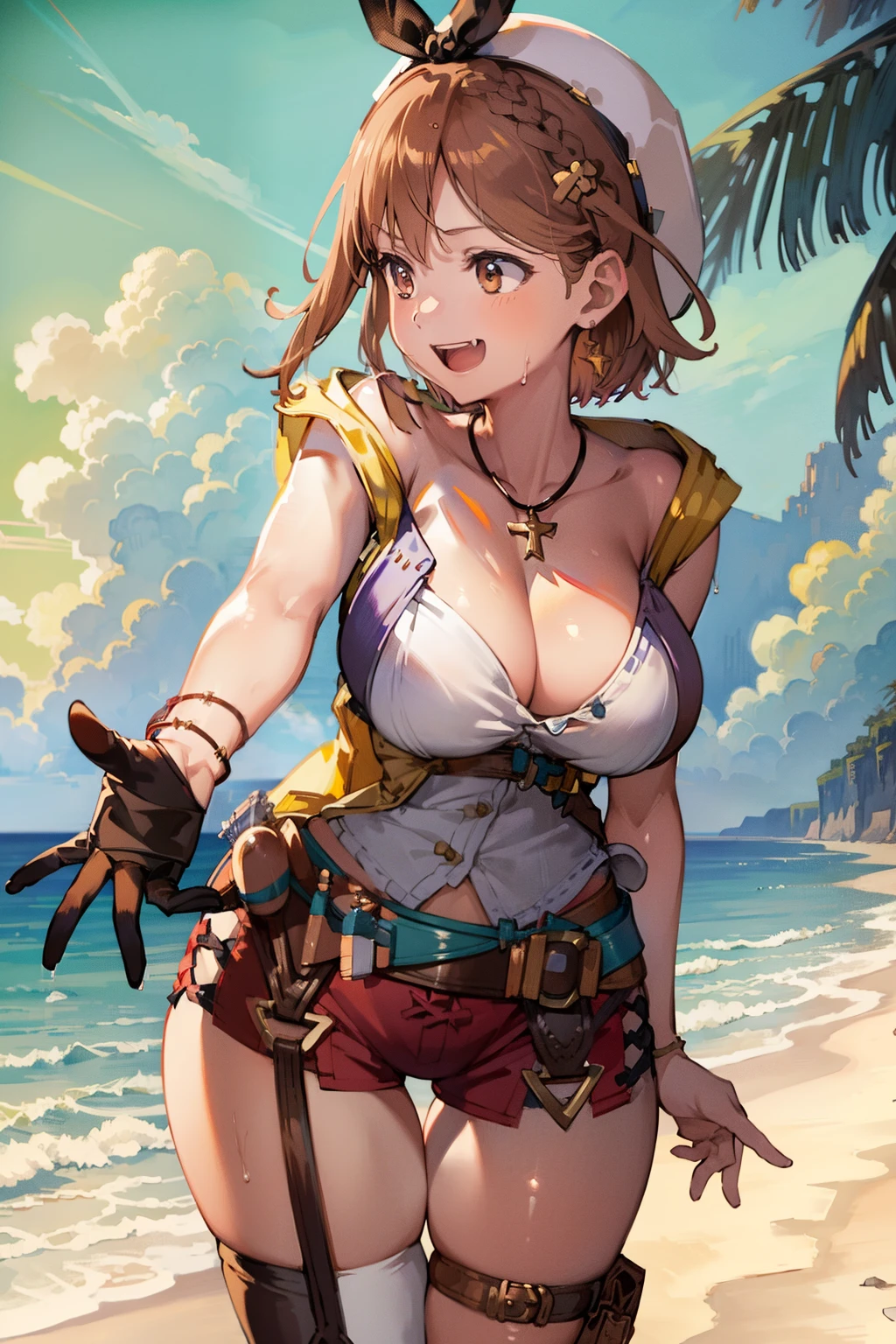 masterpiece, best quality, high resolution, official art, extremely detailed CG, 1stDefault, First Clothing, bare thighs, 1girl, belt, flask, leaning forward, breasts, solo, laughing, wet, beach