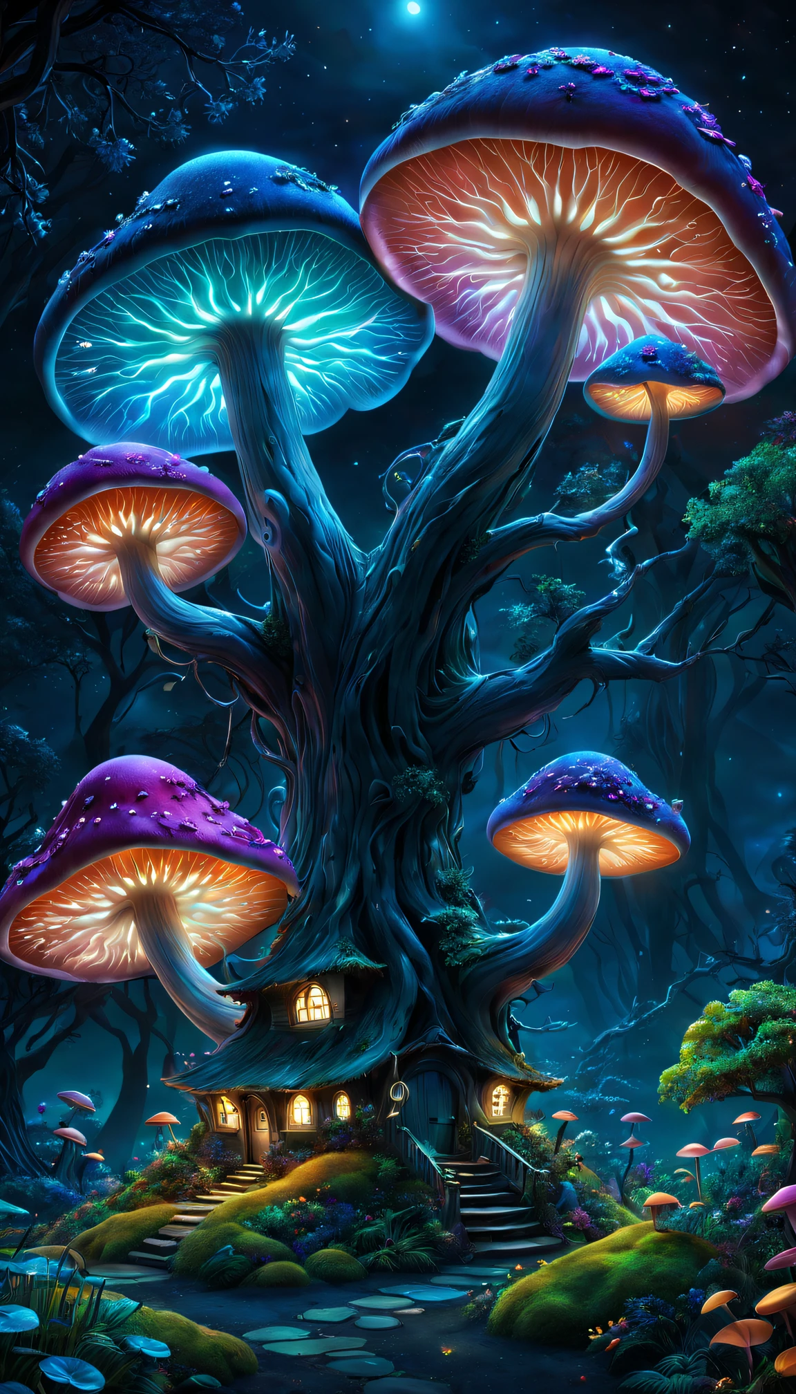 When arriving on the planet Pandora,during night,"Tree of hope" like bioluminescent mushrooms;Can be used as a house to live in、Extremely colorful,with dynamism...... In this "Garden of Fantasy"(Best quality at best,A high resolution,tmasterpiece:1.2),ultra - detailed,(actual:1.37).