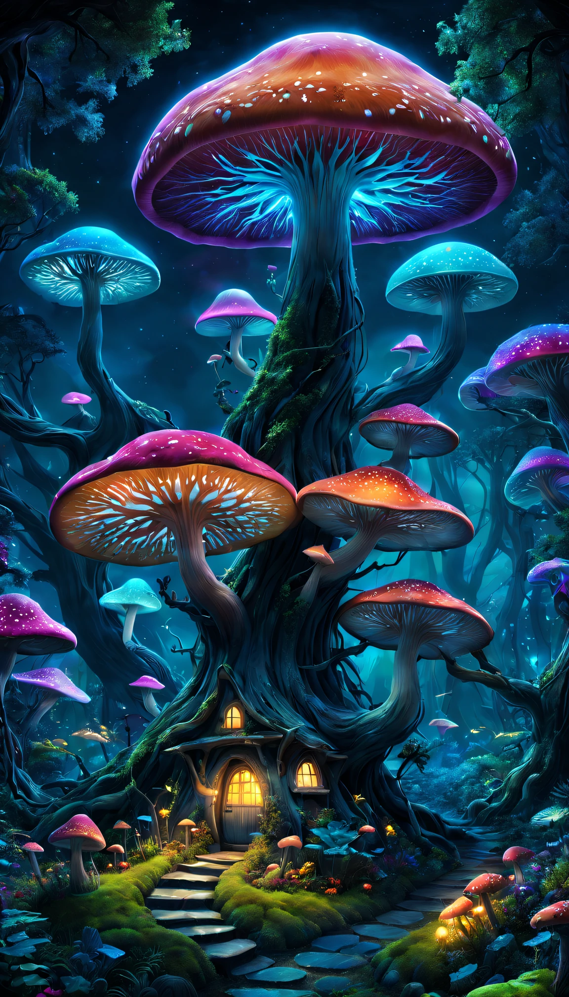 When arriving on the planet Pandora,during night,"Tree of hope" like bioluminescent mushrooms;Can be used as a house to live in、Extremely colorful,with dynamism...... In this "Garden of Fantasy"(Best quality at best,A high resolution,tmasterpiece:1.2),ultra - detailed,(actual:1.37).