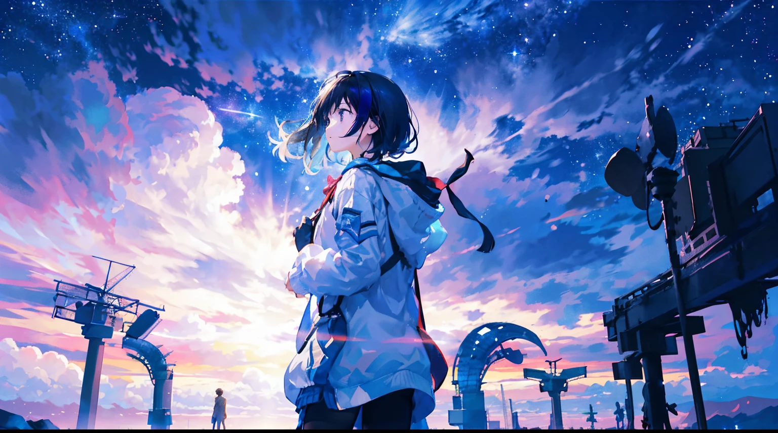 Enter a world of wonder and ethereal beauty, A place where reality and dreams intertwine. Imagine a breathtaking scene - a breathtaking sea of stars, sparkling above fluffy clouds. At the front desk, A young girl stands on a cloud, Her silhouette balanced against a celestial panorama. BREAK Describe the posture of a girl looking up at the vast twinkling stars., capture her sense of awe. Explore the emotions evoked by the scene - a mixture of wonder, curiosity, and a profound connection to the vastness of the universe.. Consider what this moment means to the girl—whether she’s thinking about her place in the universe, seek comfort or inspiration, Or maybe start her own journey to heaven? BREAK Write a brief narrative or create a mood, Use evocative language to emphasize the surreal and otherworldly nature of the scene. Explore the interplay between the tangible and the intangible - the solid clouds beneath your feet contrast with the infinite expanse of stars above. Consider incorporating sensory details,Like the soft touch of clouds, The sound of music from a distant paradise, Or the faint smell of stardust in the air.