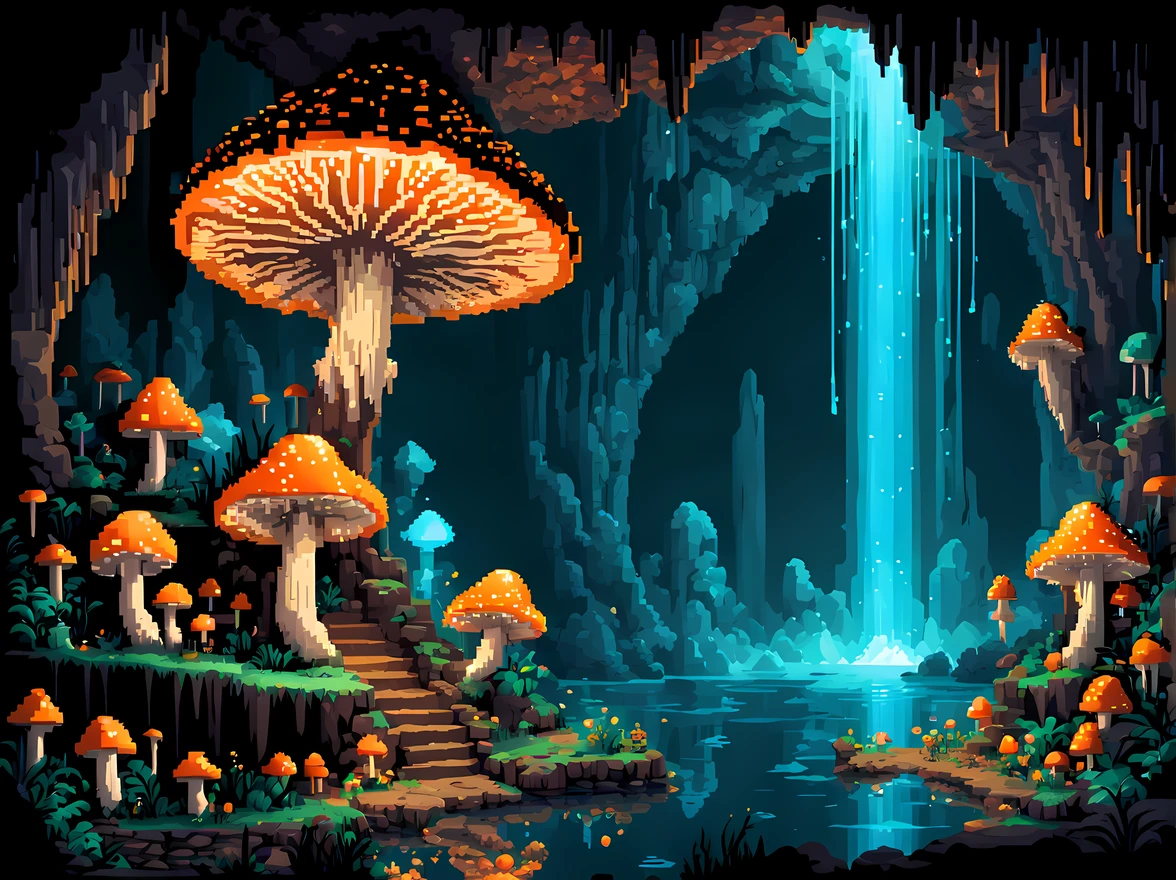 (pixel art:1.3), (cute cartoon style:1.3), imagine the depths of a majestic cave adorned with a mesmerizing display of bioluminescent mushrooms, picture a vast and mysterious cave, with towering stalactites and stalagmites forming otherworldly natural formations, an aura of grandeur and mystery, inviting exploration and awe, ((an array of bioluminescent mushrooms scattered across)) the cave walls and floor, casting a soft ethereal glow that illuminates the surroundings, (water streams, ethereal mist)