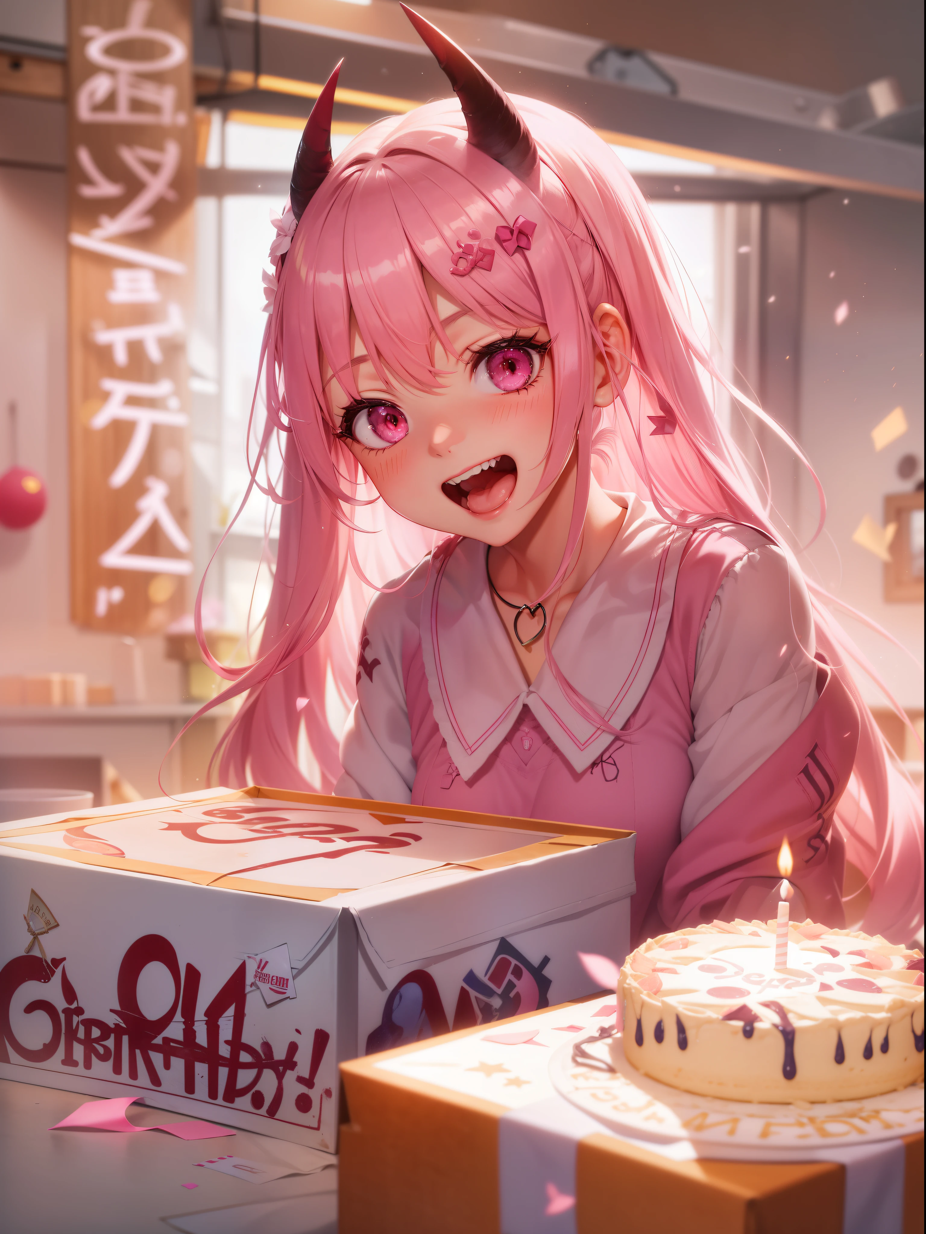 Describe the scene of a 20-year-old girl named rin opening a box on her birthday. her face is shining with excitement and anticipation as she opens the box. In the background, and there is a cake on the table with the words 'Happy Birthday' written on it. The box emits a bright light that illuminates rins face. pink hair, pink eyes, demoness