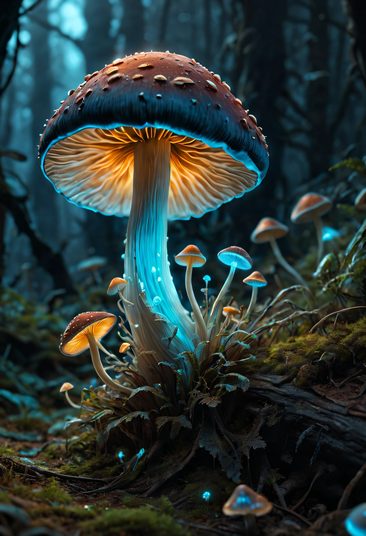 (Extremely detailed CG octane rendered 8K wallpaper), most beautiful artwork in the world, bioluminescent mushrooms , Full dynamic color, iintricate, high detal, Focus sharp, theatrical, Realistic Paintings art