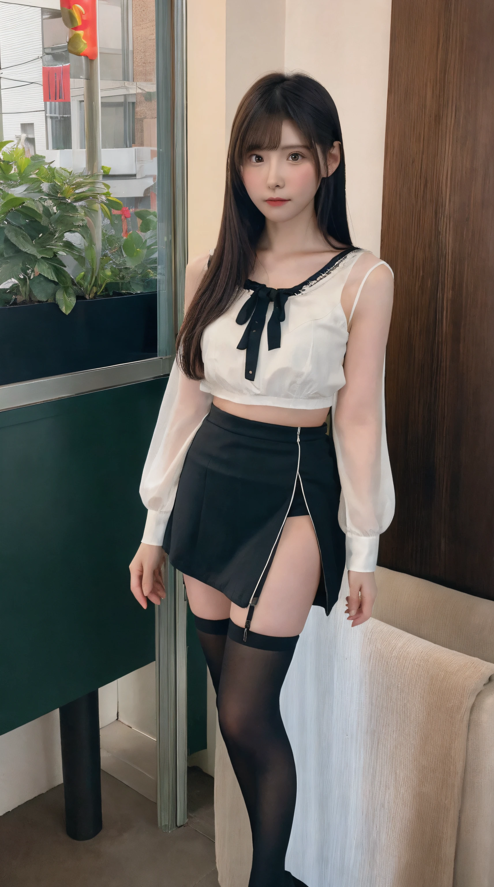 (Best Quality, masutepiece, Ultra HD: 1.3, High brightness, High color saturation), 1girl in, 24 year old,(thin and long legs,:2.0), Full body figure,straight haired, Long hair, (hide one's hands) See-through white blouse, (Black enamel mini skirt*1.5), (Black stockings), (a japanese girl, hposing Gravure Idol), Broad-leaved forest, 135 mm, Fuji Film,