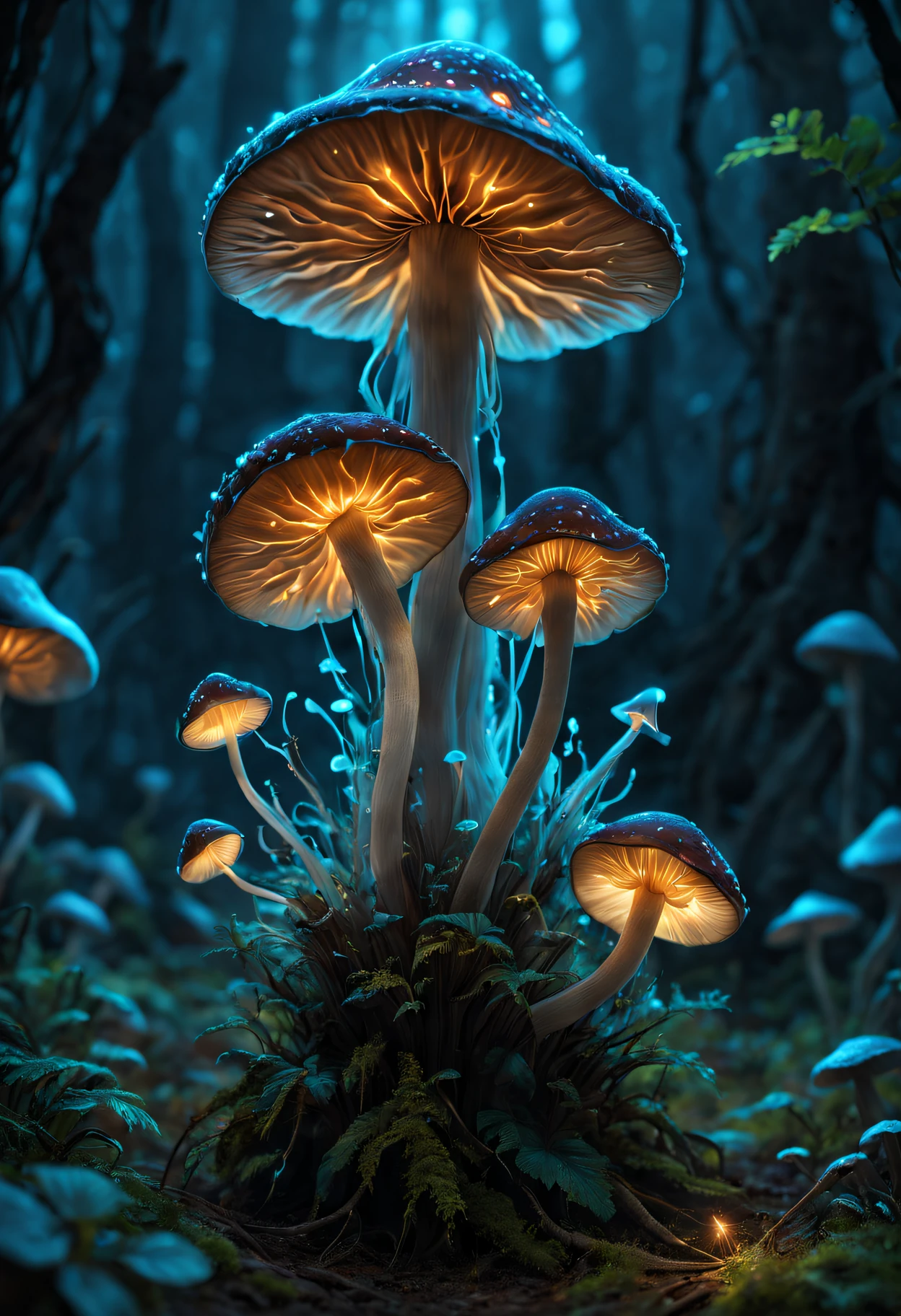 (Extremely detailed CG octane rendered 8K wallpaper), most beautiful artwork in the world, bioluminescent mushrooms ， Full dynamic color, iintricate, high detal, Focus sharp, theatrical, Realistic Paintings art