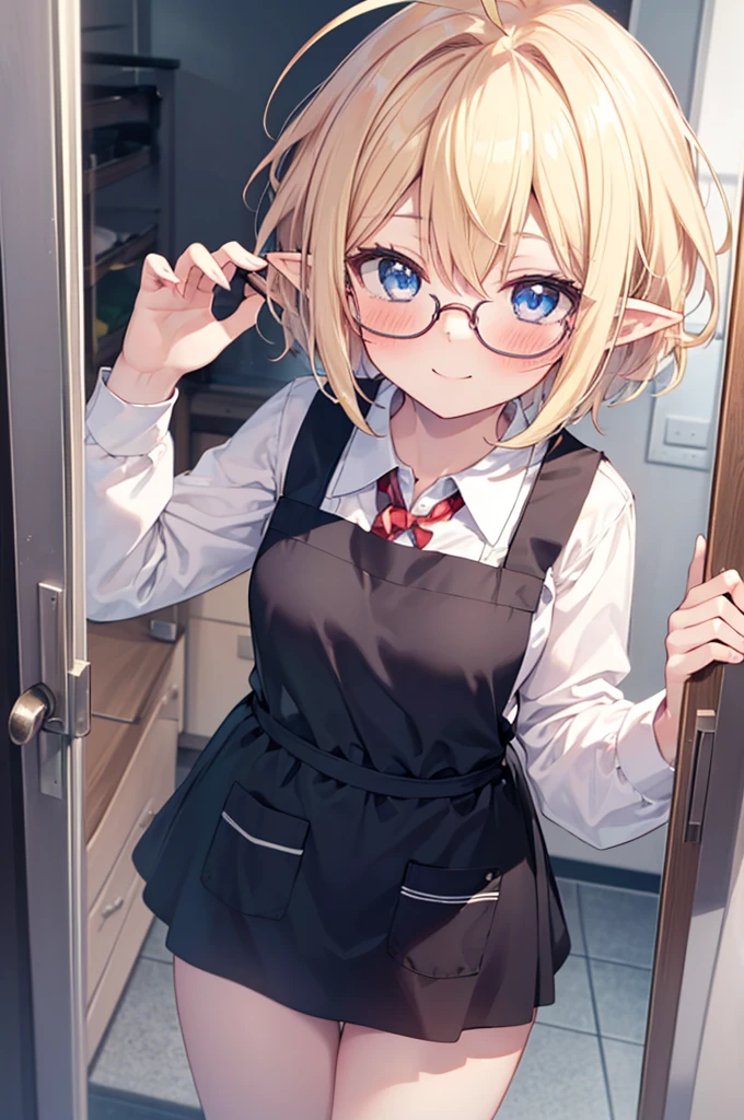 ultra detailed, best quality, high resolution, ((8k)), ((1girl)), pale skin, petite, (blonde hair), (very short hair), (ahoge:1.3), (glasses), pointy ears, (blush:1.3), blue eyes, medium breasts, happy smile, school uniform, put on an animal apron, open the door, cowboy shot, (hair band), from above