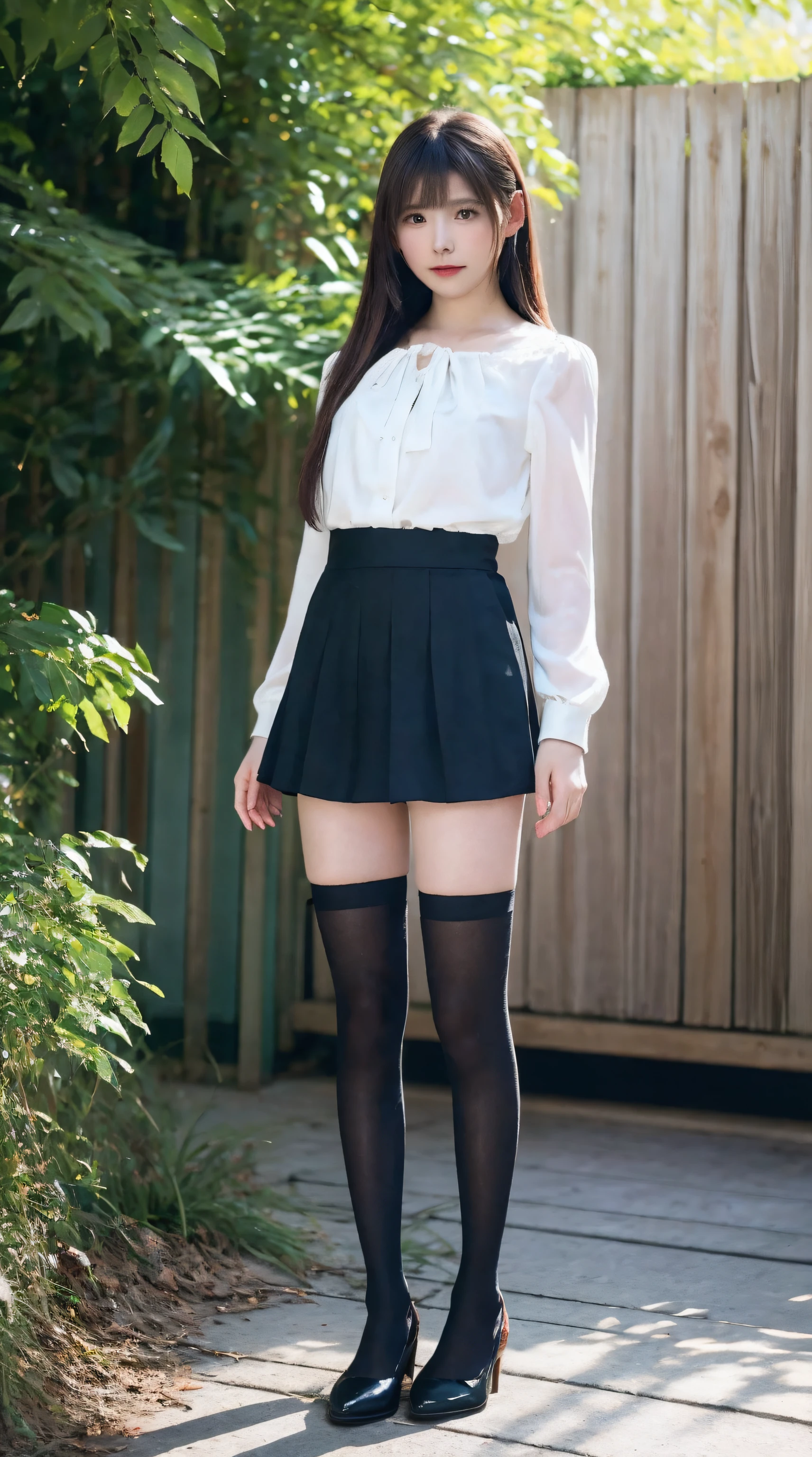 (Best Quality, masutepiece, Ultra HD: 1.3, High brightness, High color saturation), 1girl in, 24 year old,（thin and long legs,:2.0), Full body figure,straight haired, Long hair, （hide one's hands） See-through white blouse, （Black enamel mini skirt*1.5）, （Black stockings）, (a japanese girl, hposing Gravure Idol), Broad-leaved forest, 135 mm, Fuji Film,