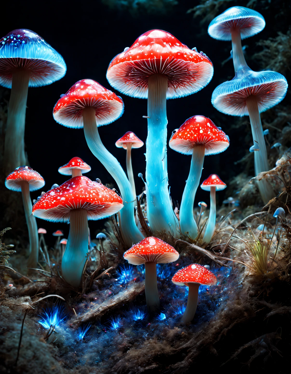 harold edgerton style, StunningNaturalViews, Chis,Blue and red glowing mushrooms, Luminous cells in mushroom gills produce fluorescence through bioluminescence