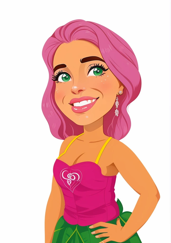 desenho de uma mulher com cabelo rosa e saia verde, in cartoon style, retrato dos desenhos animados, avatar da parte superior do corpo, retrato de personagem de mim, Parece Fabiula Nascimento, by Maria Helena Vieira da Silva, 4 5 I, full-colour illustration, inspirado em Maria Helena Vieira da Silva, Directed by: Emerson Silva, charicatura, Colorido digitalmente, avatar para o site