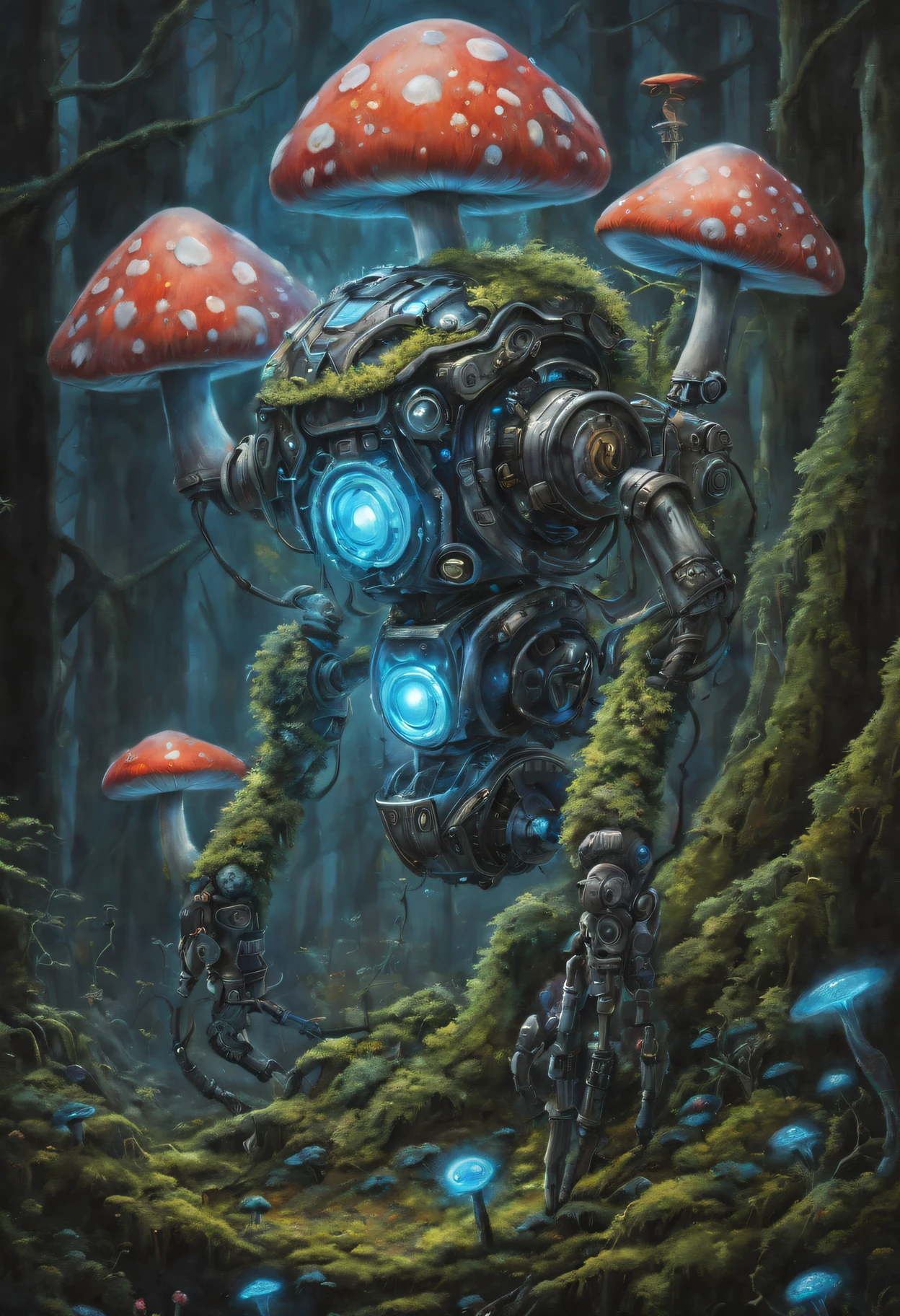 Bioluminescent Mushroom Robot, oil painted, Detailed robot with glowing mushrooms, vivd colour, Surreal lighting, Super detailed mushroom, realistic robot design, Complex robotic components, Enchanted forest setting, Moss-covered robot limbs, Moss-covered robot appearance, Mechanical gears, Ethereal atmosphere