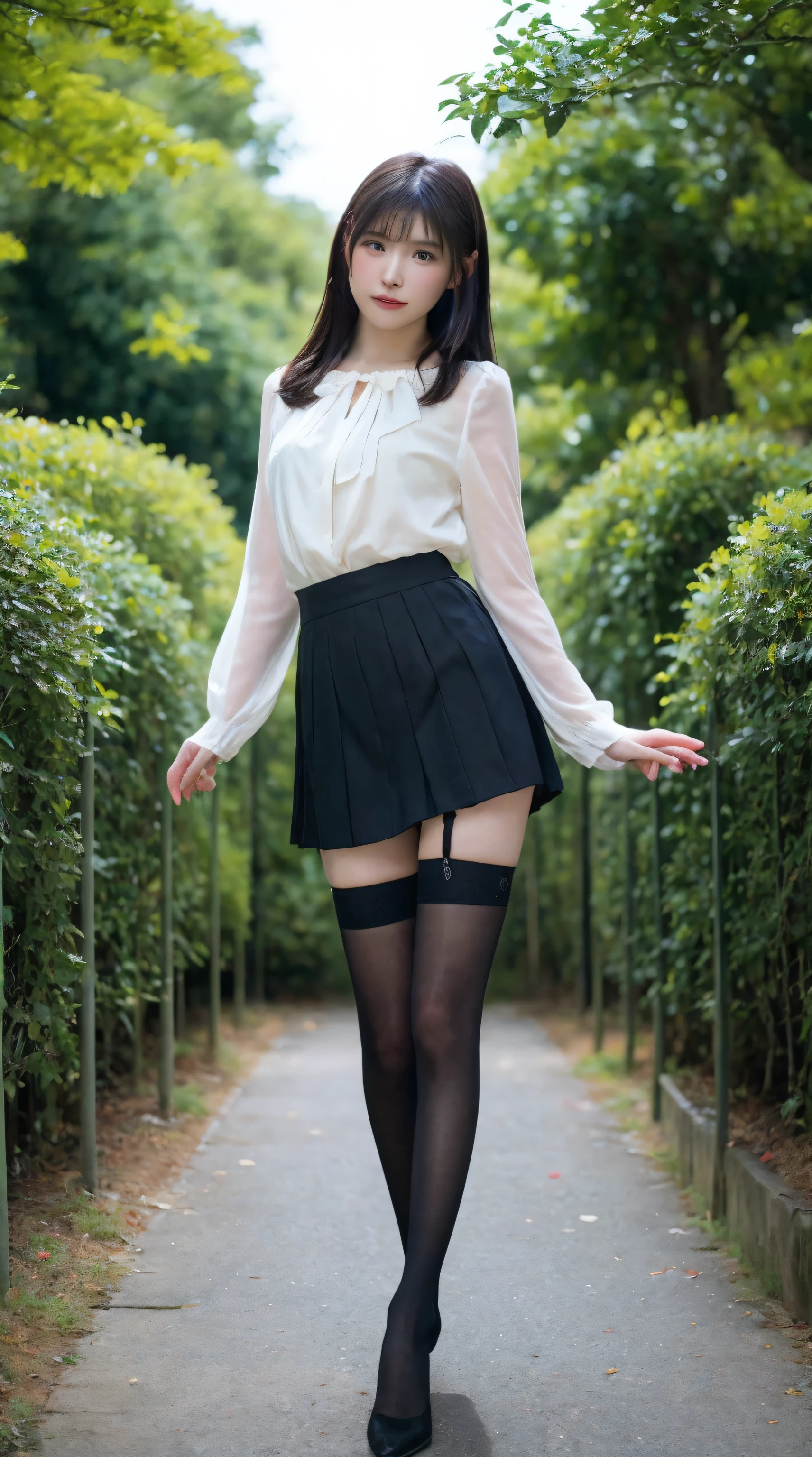 (Best Quality, masutepiece, Ultra HD: 1.3, High brightness, High color saturation), 1girl in, 24 year old,(thin and long legs,:2.0), Full body figure,straight haired, Long hair, (hide one's hands) See-through white blouse, (Black enamel mini skirt*1.5), (Black stockings), (a japanese girl, hposing Gravure Idol), Broad-leaved forest, 135 mm, Fuji Film,