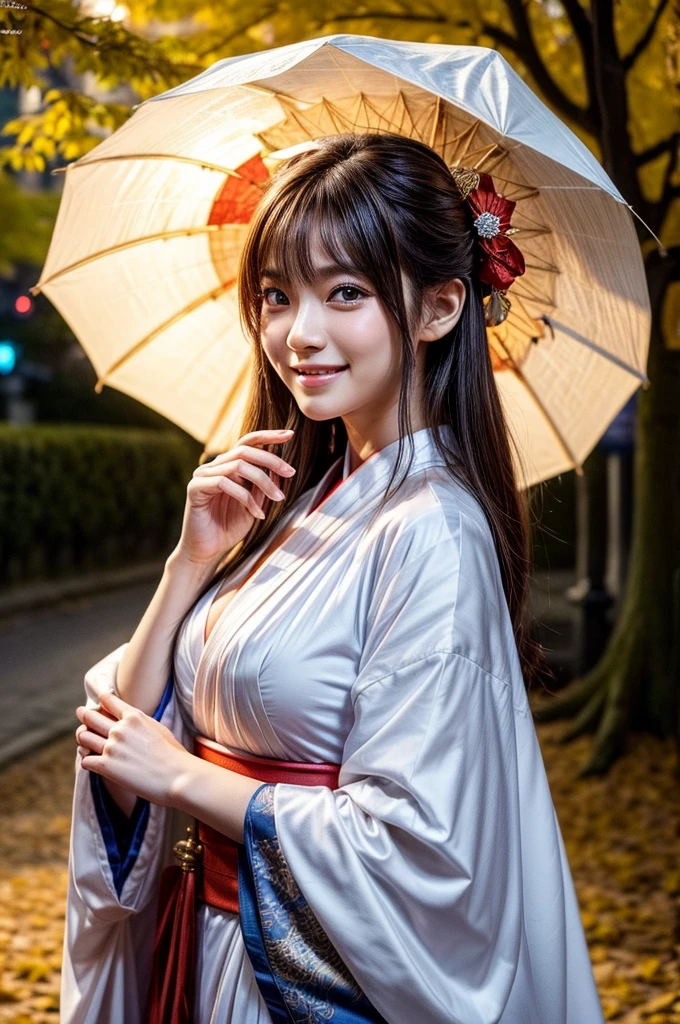 (masutepiece:1.3, Photorealsitic:1.4, 8K), top-quality, masterpiece, 超A high resolution, Professional camera work, Grow Light Effect, Realistic portrait, Cinematic Light, Highly detailed skin and facial texture:1.3, The ultra-detailliert, A detailed eye, Detailed limbs, autumn night, Precincts of the shrine:1.2, Autumn foliage scenery:1.2, 1girl in, Cute sexy 22 year old slim woman, Fair skin, ((Natural smile:0.9, Totally captivates you:1.0)), (Backshots, Calm pose), ((accurate shrine maiden costume)), ((voluptuous breasts:0.9)), (Beautiful blue eyes, Eyes that feel beautiful eros:0.85), Sexy face:0.4, (A mouthfeel that feels beautiful eros:0.85), ((Too cute beauty:0.9))