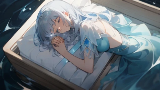 (Top resolution),1womanl,Anime, eyes are light blue and blue,odd eye,Delicate eyes,Gray hair,Blue Mesh,big bob hair,long,Sad look,Tears,Clothes made of water,breasts are small,dark backgrounds,water bubbles,the original god,Freena,Submerged in water,Fold your hands in front of your chest,Closing your eyes,Sleep in a coffin