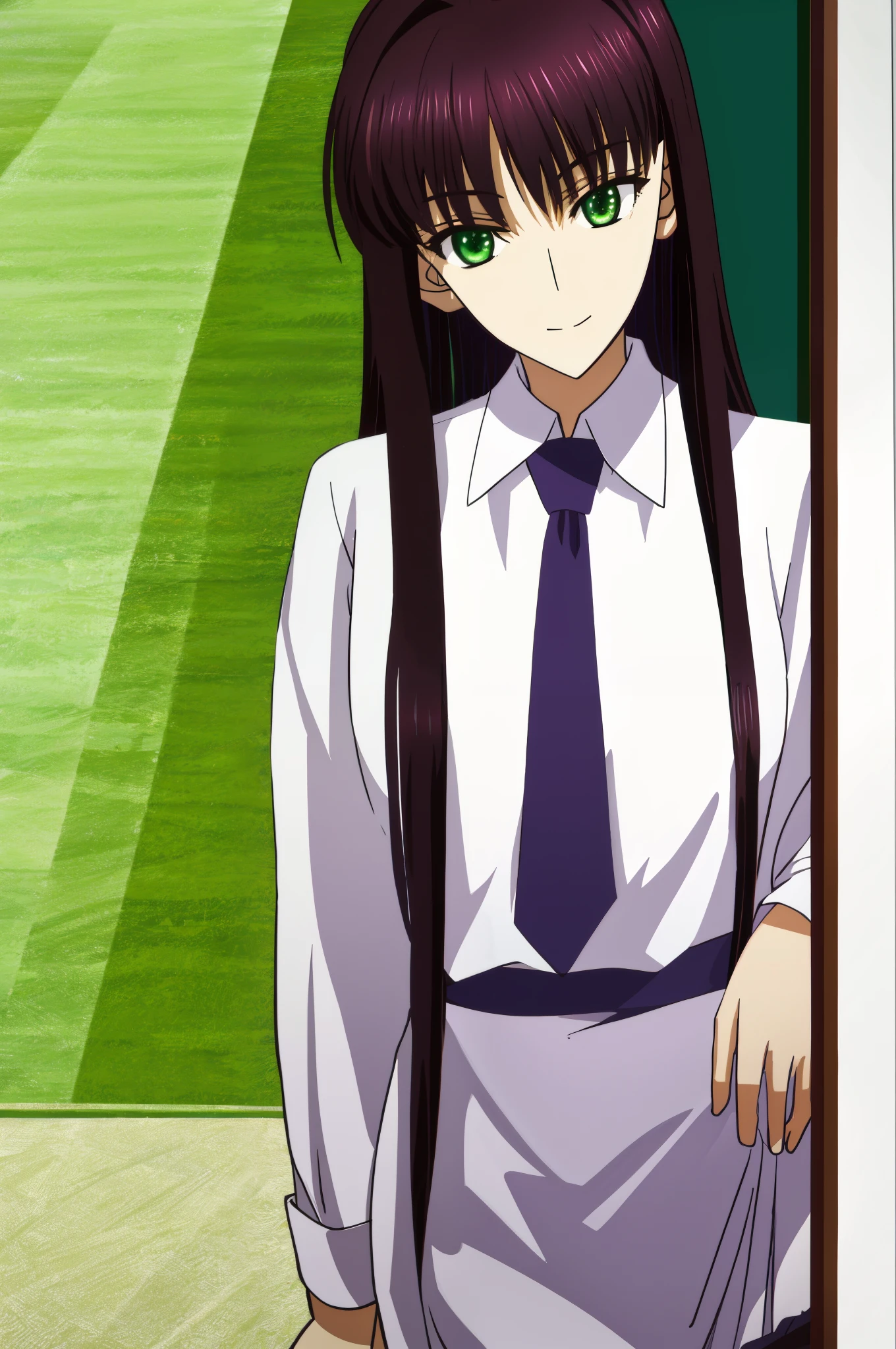 Connect UHD and 8K, hight resolution,Very detailed CG, High quality shadows, Detail Beautiful delicate face, Detail Beautiful delicate eyes,BREAK(Very detailed 8k wallpaper),(Highly detailed CG 8K wallpaper),Makima (chain saw man),Sukasaha (Fate/grand order),Shimohira Reihua ,Hi-Res,Very delicate and beautiful CG illustration,top-quality,Realistic skin feeling,Realistic fabric,Realistic texture,beautiful thigh,big breasts thin waist,(((masutepiece))), (((Best Quality))),8K,32K,masterpiece,beautiful alluring anime woman,ultra-definition,ultra-detailliert,hight resolution,a hyperrealistic schoolgirl,masuter piece, Best Quality, High quality, High Definition, high quality texture, high quality shadow, high detailing,finely detail,1girl in,High school students,Solo,Soio,Only one person,Alone,One Person,tall,AS-Adult,Mature atmosphere,Leg length,neat and long legs,8 Head Body,stature:171cm,Mature girls,Reddish-purple hair,Reddish-purple hair,Purple hair,cassis colored hair,silky and smooth hair,Colorful hair,Straight hair,Smile,Smiling happily,lively expression,Cute smile,Cool Beauty,Beautuful Women,Neat face, Beautiful realism,Seductive look,Bewitching look,serene expressions,beautiful hairl,She wears a necklace around her neck,Necklace,bead necklace,magatama accessories,A slight smil,Colorful eyes,green colored eyes,Jade-colored eyes,beautidful eyes,Bright eye,Delicat eyes,Eyes Like Gems,Jade Eyes,Hanging eyes,(Green eyes:1.5),Seductive face,((White collared shirt)),Red tie,Business suits,Suit pants,Women's Suits,Hands folded behind your back,is standing,simple background,during daytime,Sunlight,inside in room,Staring,watching at viewers,mystic atmosphere,
